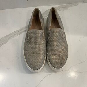 J Slides NYC Leather Slip On Womens 8 Champagne Metallic Woven Platform Sneakers